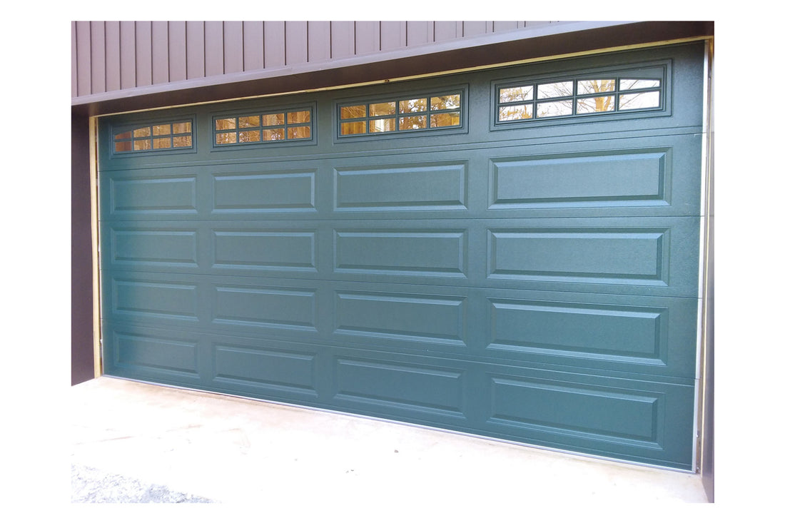 CHI Timeless Raised Panel Insulated Modern Garage Doors with Glass in Powder Coated Evergreen