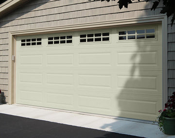 CHI Timeless Raised Panel Insulated Modern Garage Doors with Glass in Powder Coated Ivory