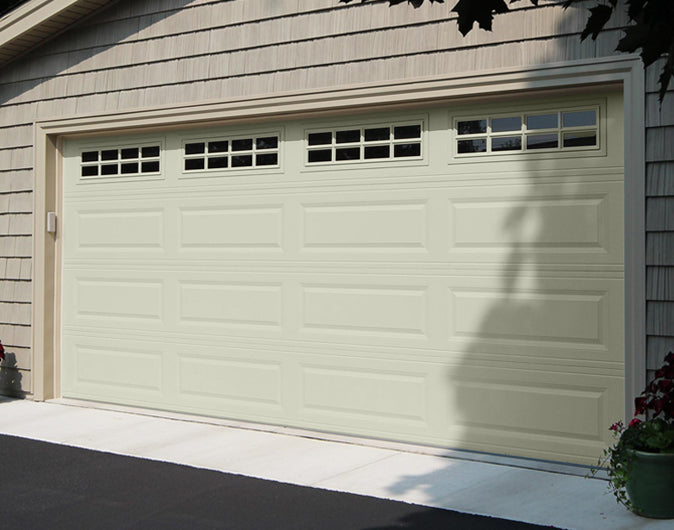 CHI Timeless Raised Panel Insulated Modern Garage Doors with Glass in Powder Coated Ivory