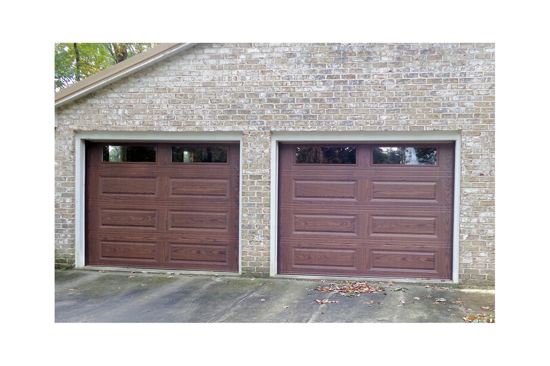 CHI Timeless Raised Panel Insulated Modern Garage Doors with Glass in Woodtone Mahogany