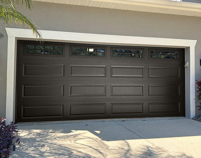 CHI Timeless Raised Panel Insulated Modern Garage Doors with Glass in Powder Coated Mocha Brown