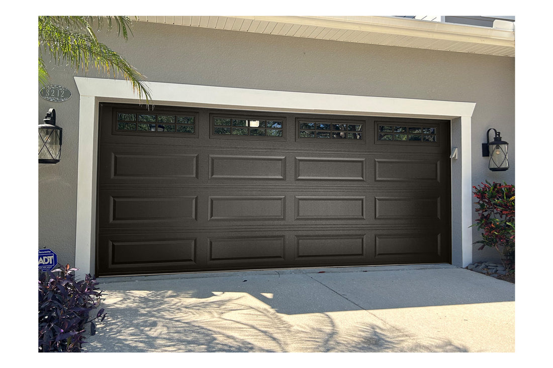 CHI Timeless Raised Panel Insulated Modern Garage Doors with Glass in Powder Coated Mocha Brown