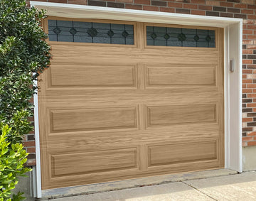 CHI Timeless Raised Panel Insulated Modern Garage Doors with Glass in Woodtone Natural Oak