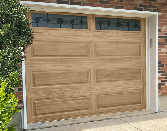 CHI Timeless Raised Panel Insulated Modern Garage Doors with Glass in Woodtone Natural Oak