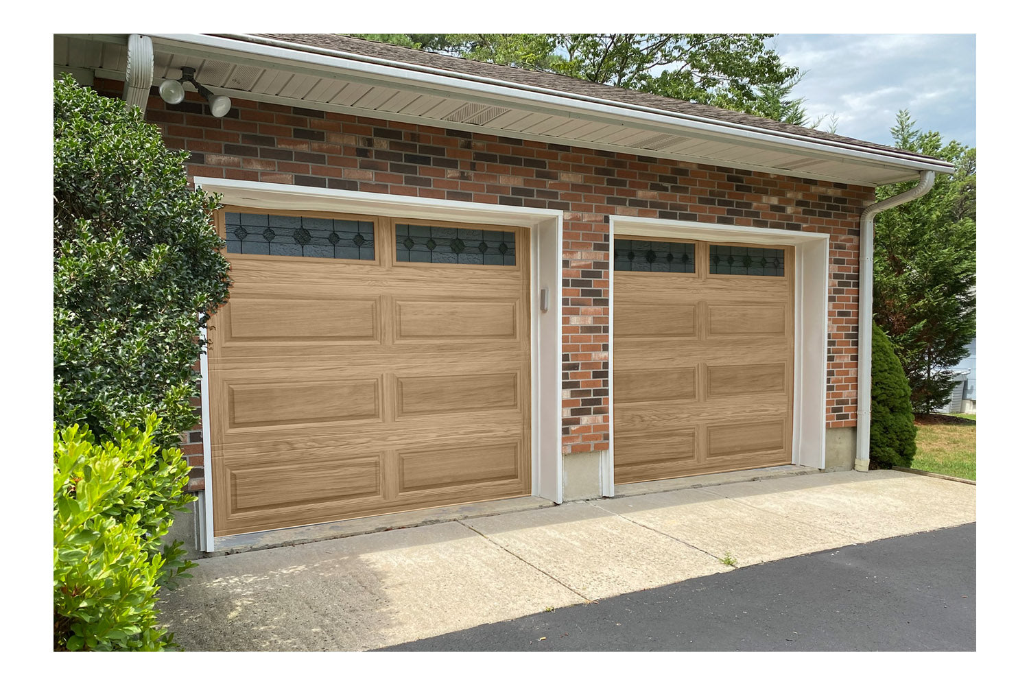 CHI Timeless Raised Panel Insulated Modern Garage Doors with Glass in Woodtone Natural Oak