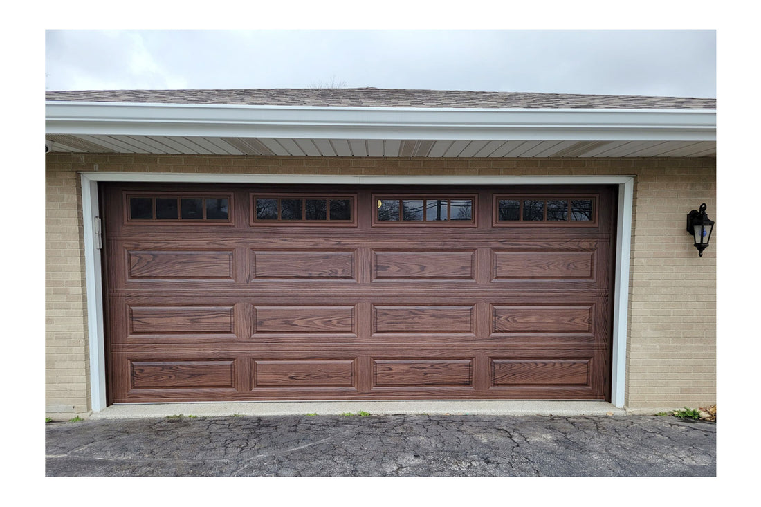 CHI Timeless Raised Panel Insulated Modern Garage Doors with Glass in Woodtone Walnut