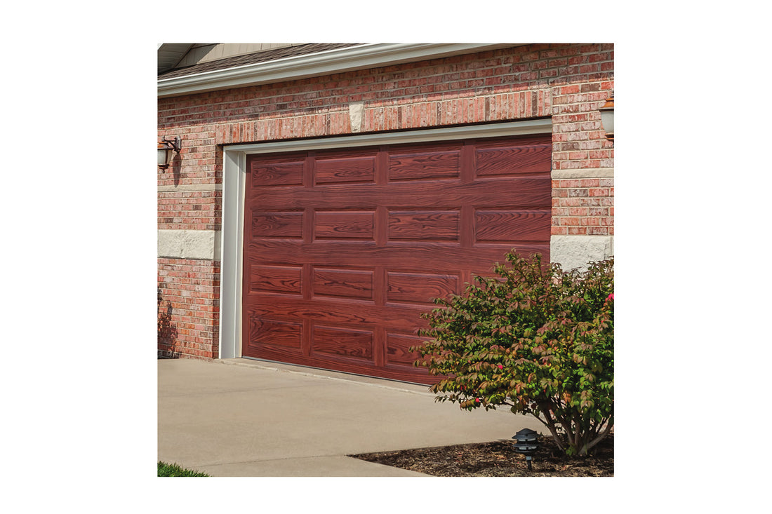 CHI Timeless Raised Panel Insulated Modern Garage Doors in Woodtone Mahogany