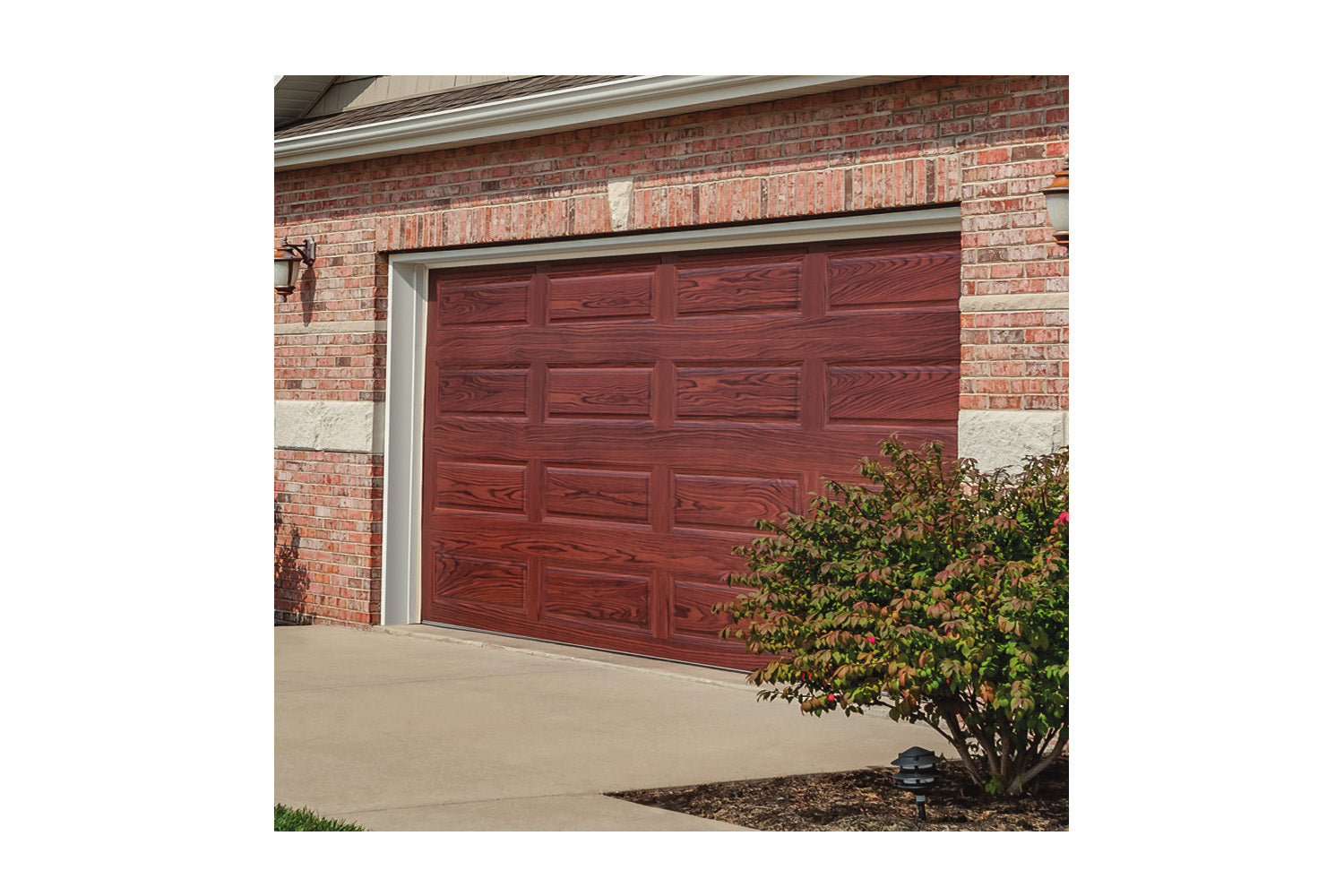 CHI Timeless Raised Panel Insulated Modern Garage Doors in Woodtone Mahogany