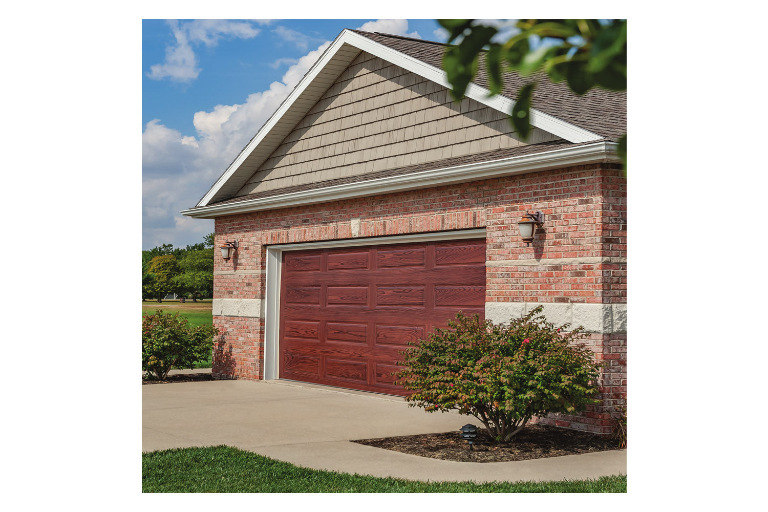 CHI Timeless Raised Panel Insulated Modern Garage Doors in Woodtone Mahogany