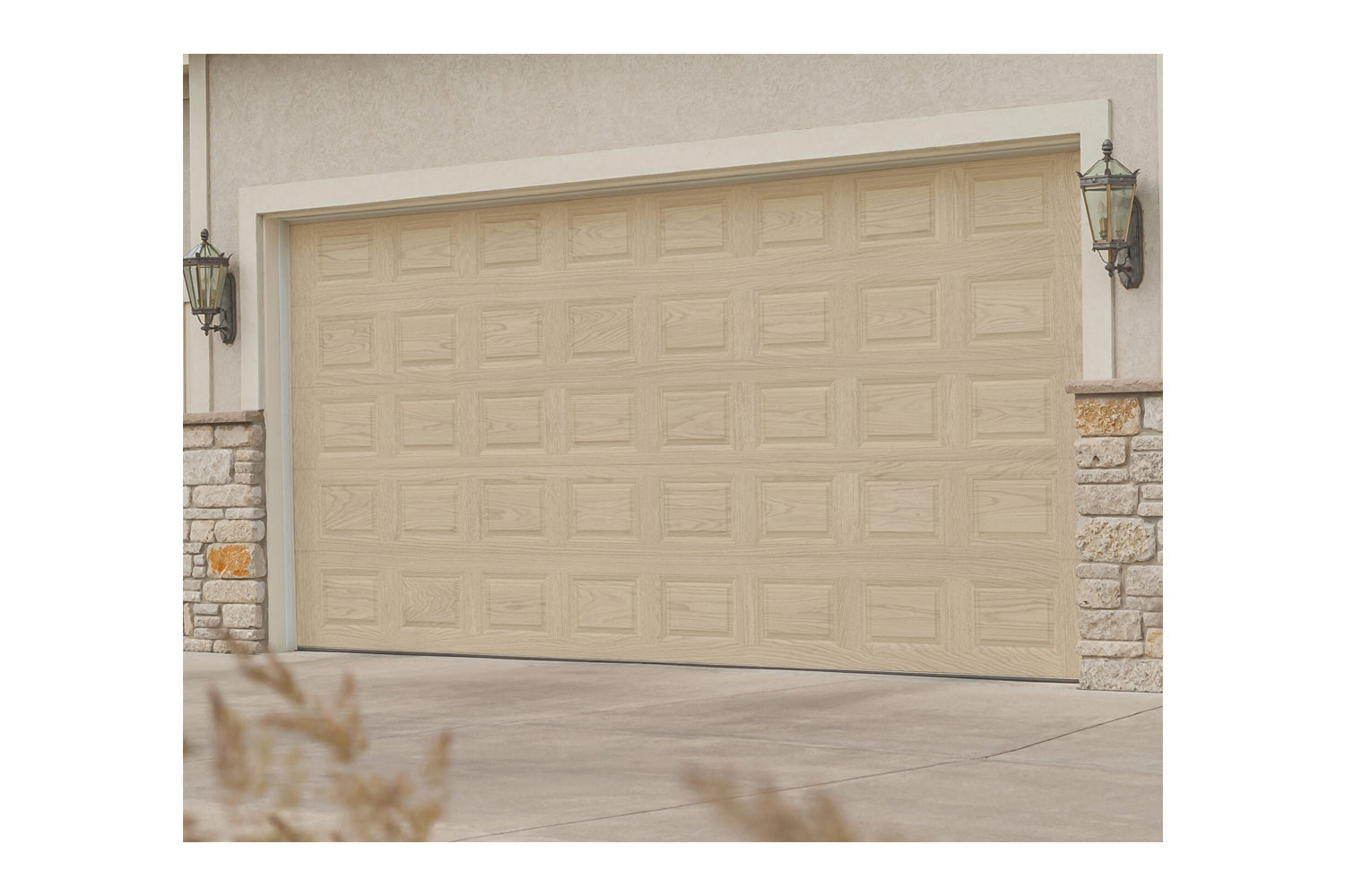 CHI Timeless Raised Panel Insulated Modern Garage Doors in Woodtone Natural Oak