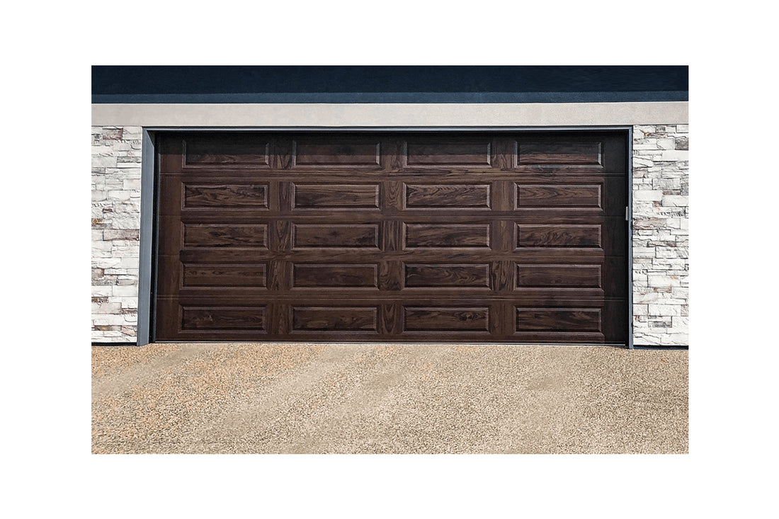 CHI Timeless Raised Panel Insulated Modern Garage Doors in Woodtone Walnut
