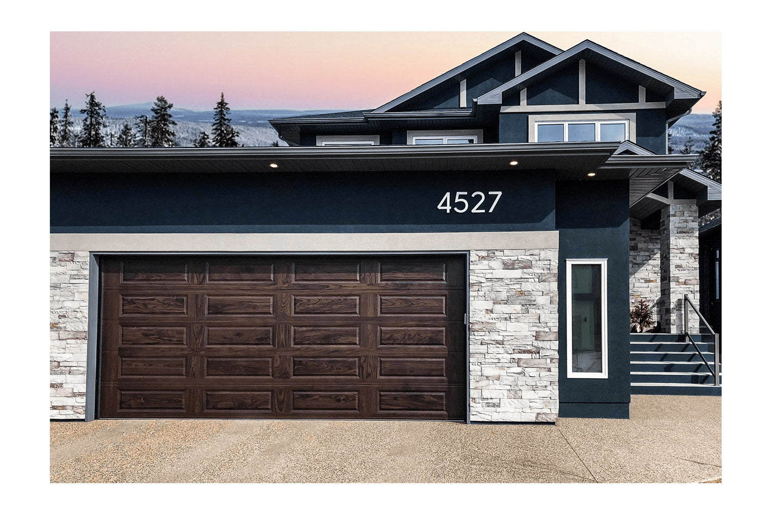 CHI Timeless Raised Panel Insulated Modern Garage Doors in Woodtone Walnut