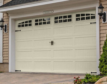 CHI Timeless Stamped Carriage House Insulated Modern Garage Doors with Glass in Almond