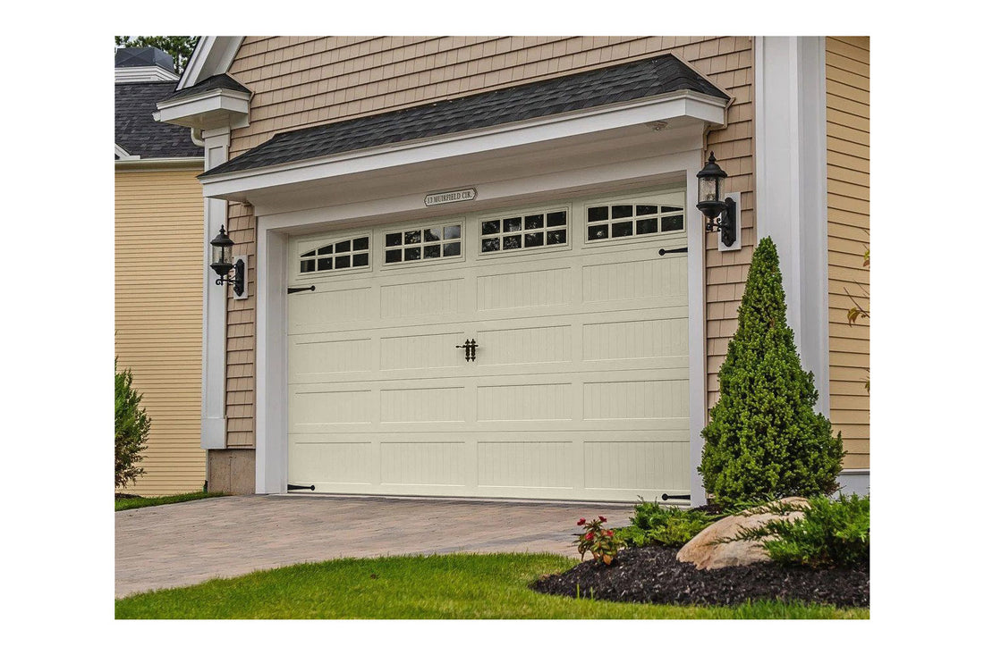 CHI Timeless Stamped Carriage House Insulated Modern Garage Doors with Glass in Almond