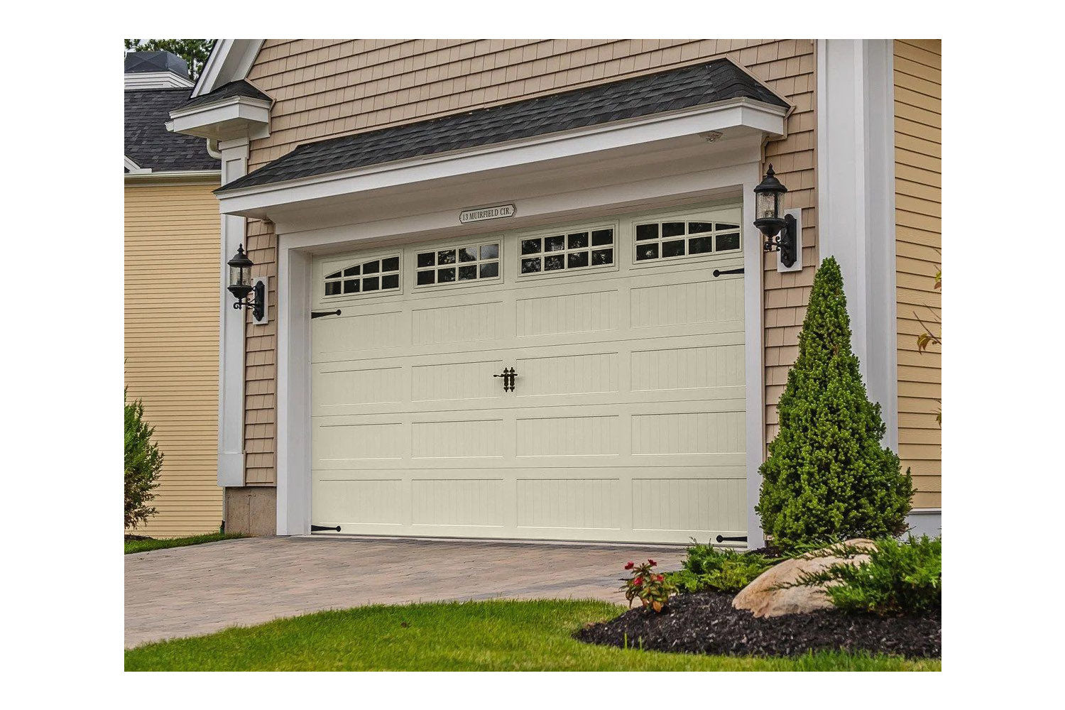 CHI Timeless Stamped Carriage House Insulated Modern Garage Doors with Glass in Almond