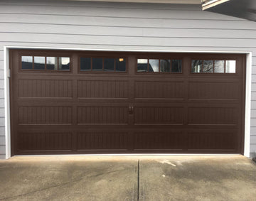 CHI Timeless Stamped Carriage House Insulated Modern Garage Doors with Glass in Brown