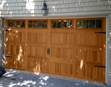 CHI Timeless Stamped Carriage House Insulated Modern Garage Doors with Glass in Woodtone Cedar