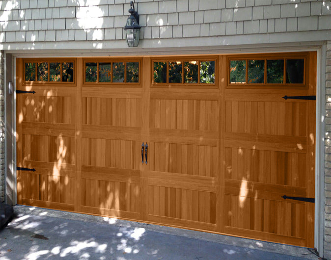 CHI Timeless Stamped Carriage House Insulated Modern Garage Doors with Glass in Woodtone Cedar