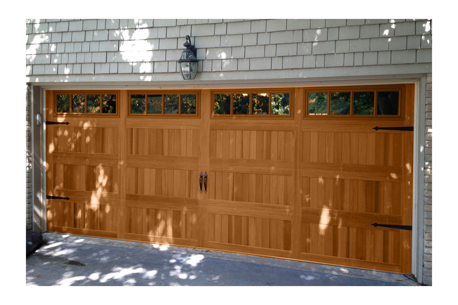 CHI Timeless Stamped Carriage House Insulated Modern Garage Doors with Glass in Woodtone Cedar