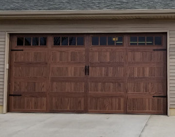 CHI Timeless Stamped Carriage House Insulated Modern Garage Doors with Glass in Woodtone Dark Oak