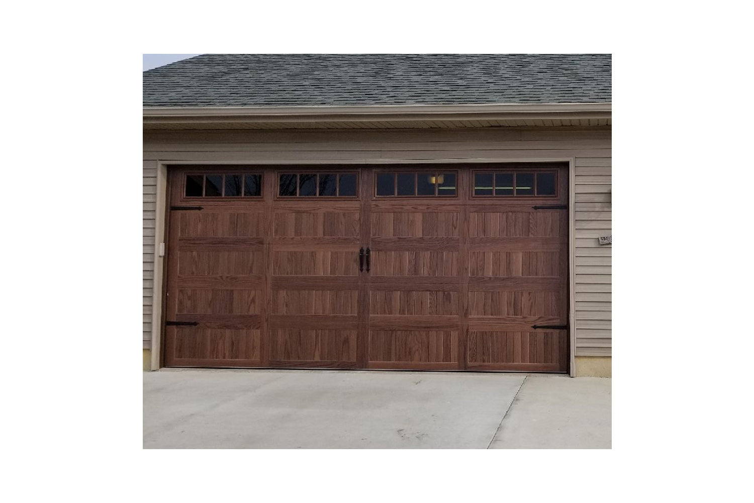 CHI Timeless Stamped Carriage House Insulated Modern Garage Doors with Glass in Woodtone Dark Oak