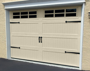 CHI Timeless Stamped Carriage House Insulated Modern Garage Doors with Glass in Desert Tan