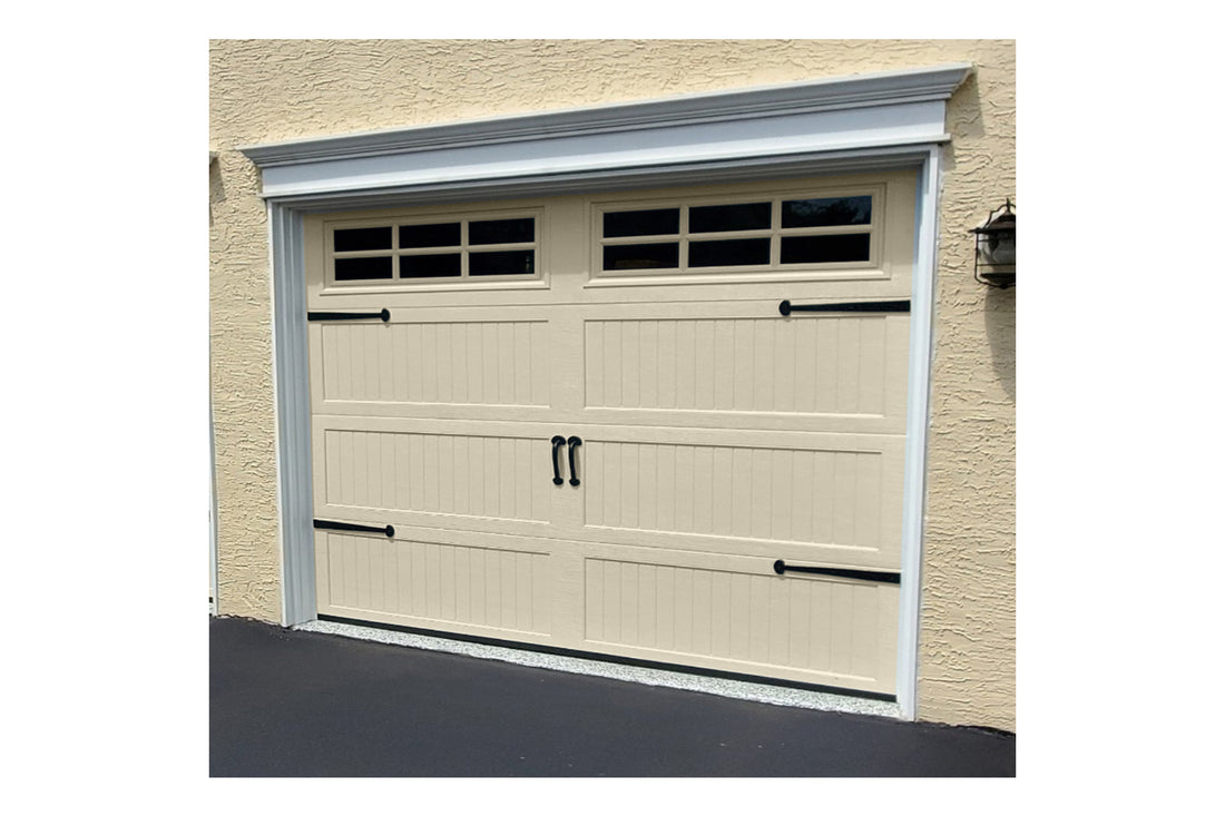 CHI Timeless Stamped Carriage House Insulated Modern Garage Doors with Glass in Desert Tan