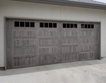CHI Timeless Stamped Carriage House Insulated Modern Garage Doors with Glass in Woodtone Driftwood