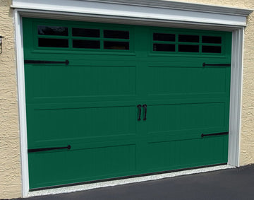 CHI Timeless Stamped Carriage House Insulated Modern Garage Doors with Glass in Powder Coated Evergreen