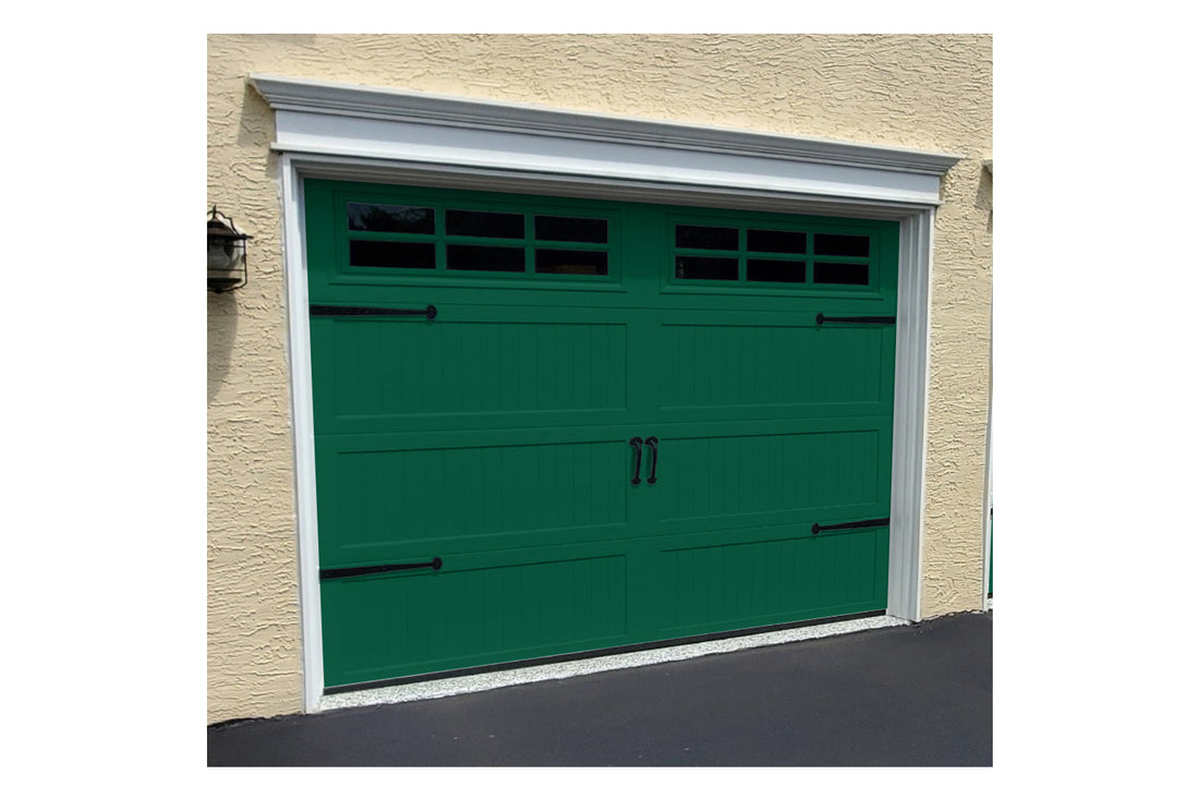 CHI Timeless Stamped Carriage House Insulated Modern Garage Doors with Glass in Powder Coated Evergreen