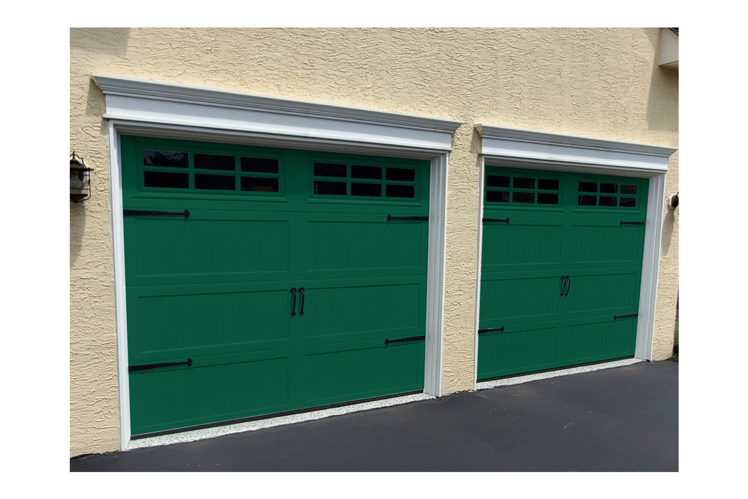 CHI Timeless Stamped Carriage House Insulated Modern Garage Doors with Glass in Powder Coated Evergreen