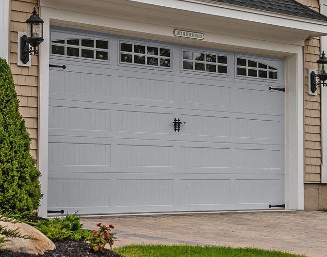 CHI Timeless Stamped Carriage House Insulated Modern Garage Doors with Glass in Gray