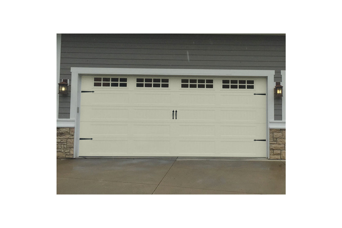 CHI Timeless Stamped Carriage House Insulated Modern Garage Doors with Glass in Powder Coated Ivory