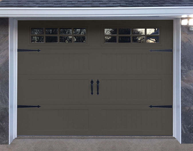 CHI Timeless Stamped Carriage House Insulated Modern Garage Doors with Glass in Powder Coated Mocha Brown
