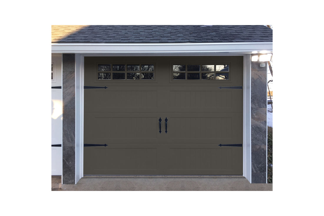 CHI Timeless Stamped Carriage House Insulated Modern Garage Doors with Glass in Powder Coated Mocha Brown