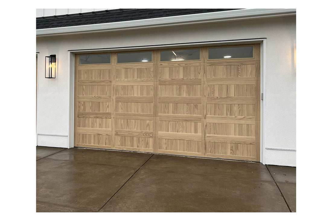 CHI Timeless Stamped Carriage House Insulated Modern Garage Doors with Glass in Woodtone Natural Oak