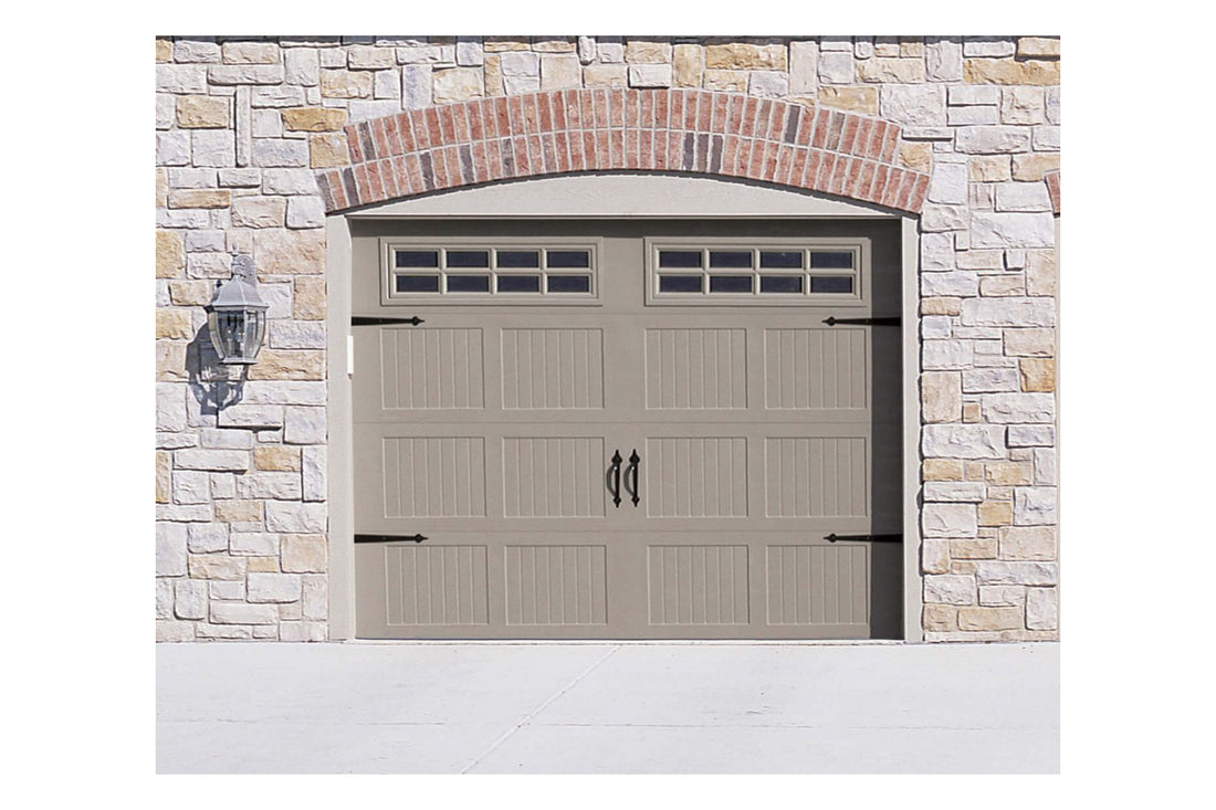 CHI Timeless Stamped Carriage House Insulated Modern Garage Doors with Glass in Sandstone