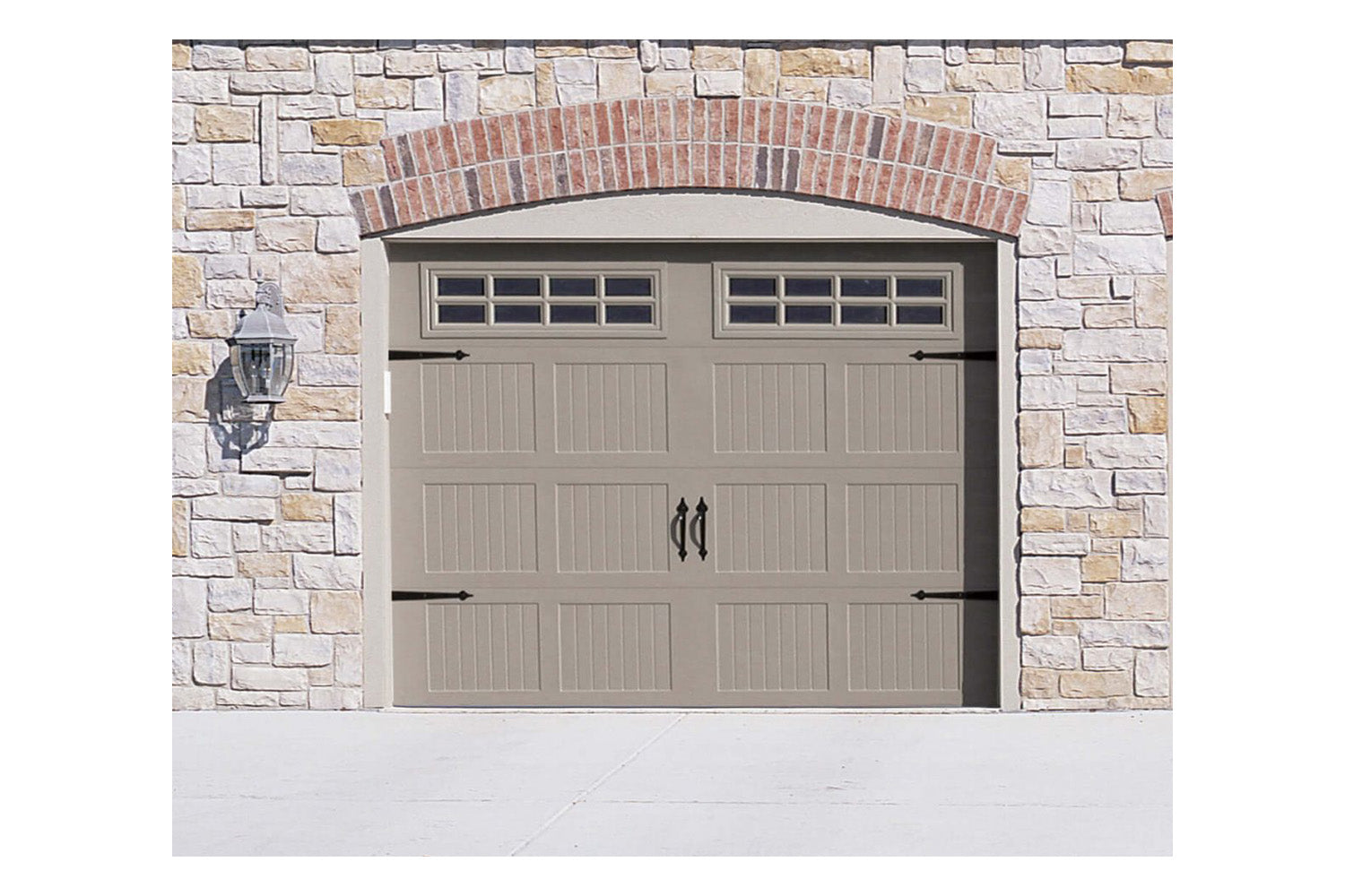 CHI Timeless Stamped Carriage House Insulated Modern Garage Doors with Glass in Sandstone