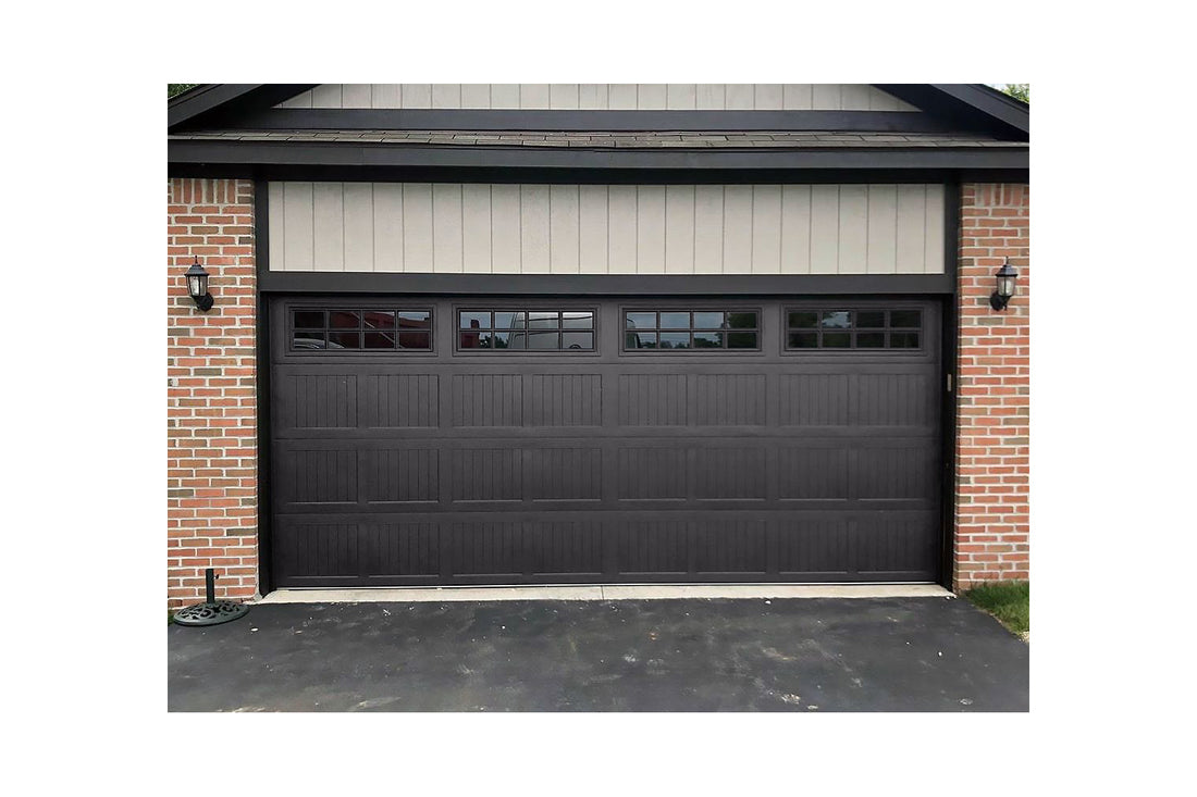 CHI Timeless Stamped Carriage House Insulated Modern Garage Doors with Glass in Powder Coated Solar Black