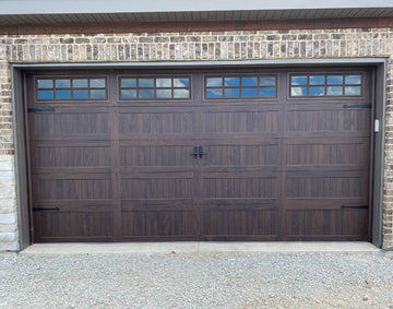 CHI Timeless Stamped Carriage House Insulated Modern Garage Doors with Glass in Woodtone Walnut