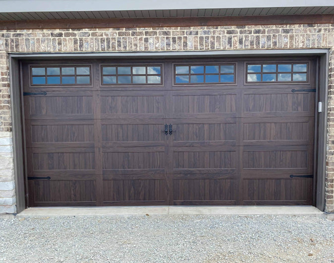 CHI Timeless Stamped Carriage House Insulated Modern Garage Doors with Glass in Woodtone Walnut