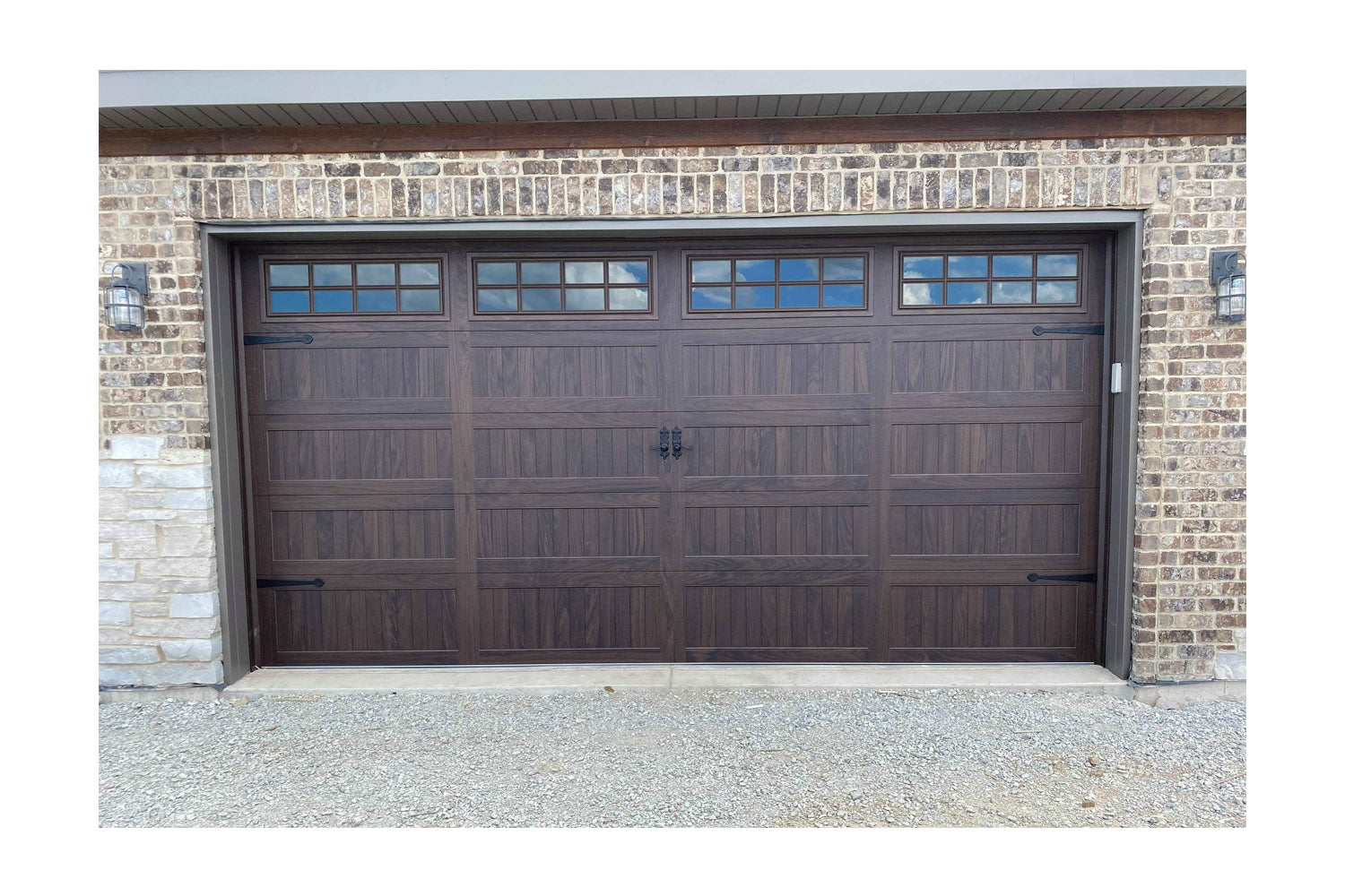 CHI Timeless Stamped Carriage House Insulated Modern Garage Doors with Glass in Woodtone Walnut
