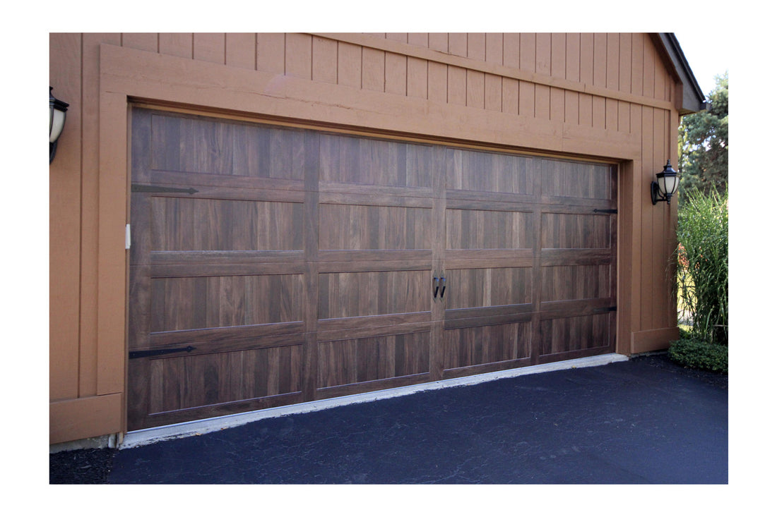 CHI Timeless Stamped Carriage House Insulated Modern Garage Doors in Woodtone Dark Oak
