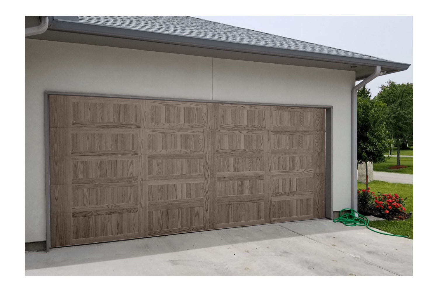 CHI Timeless Stamped Carriage House Insulated Modern Garage Doors in Woodtone Driftwood