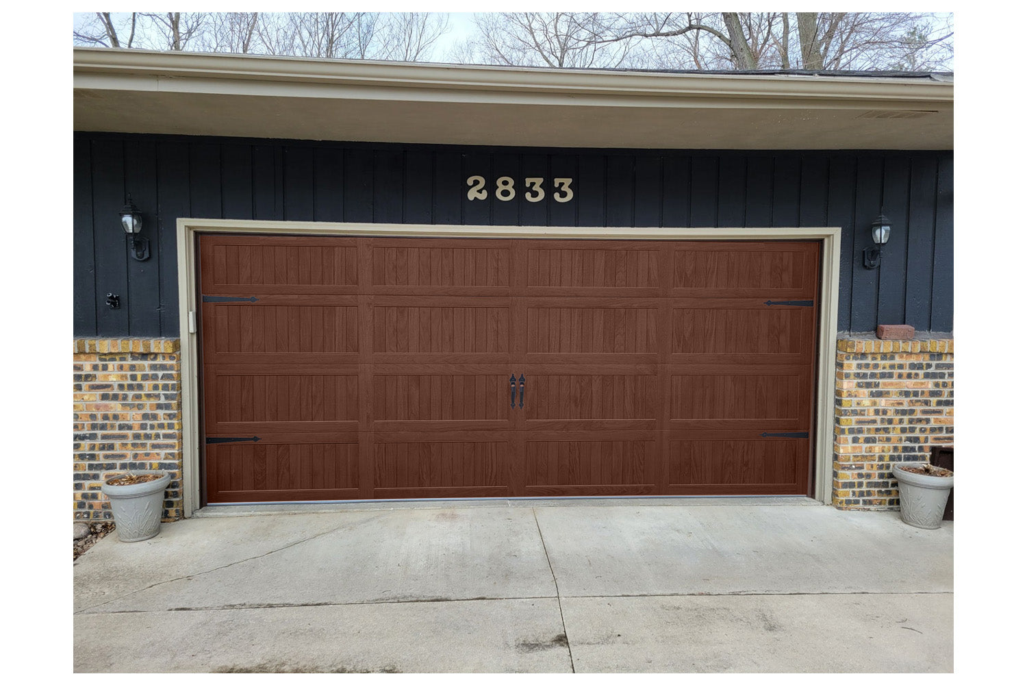 CHI Timeless Stamped Carriage House Insulated Modern Garage Doors in Woodtone Mahogany