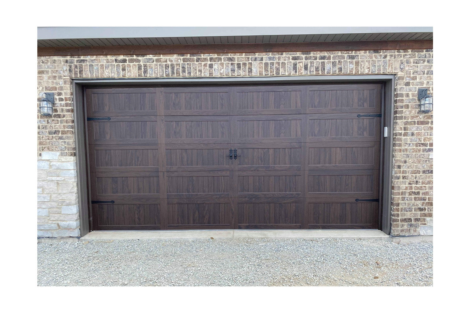 CHI Timeless Stamped Carriage House Insulated Modern Garage Doors in Woodtone Walnut