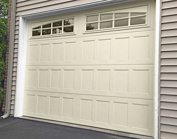 CHI Timeless Stamped Shaker Insulated Modern Garage Doors with Glass in Almond
