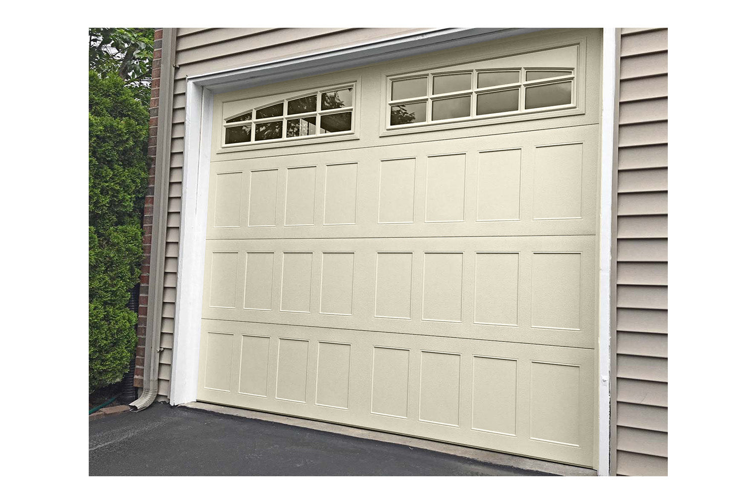 CHI Timeless Stamped Shaker Insulated Modern Garage Doors with Glass in Almond