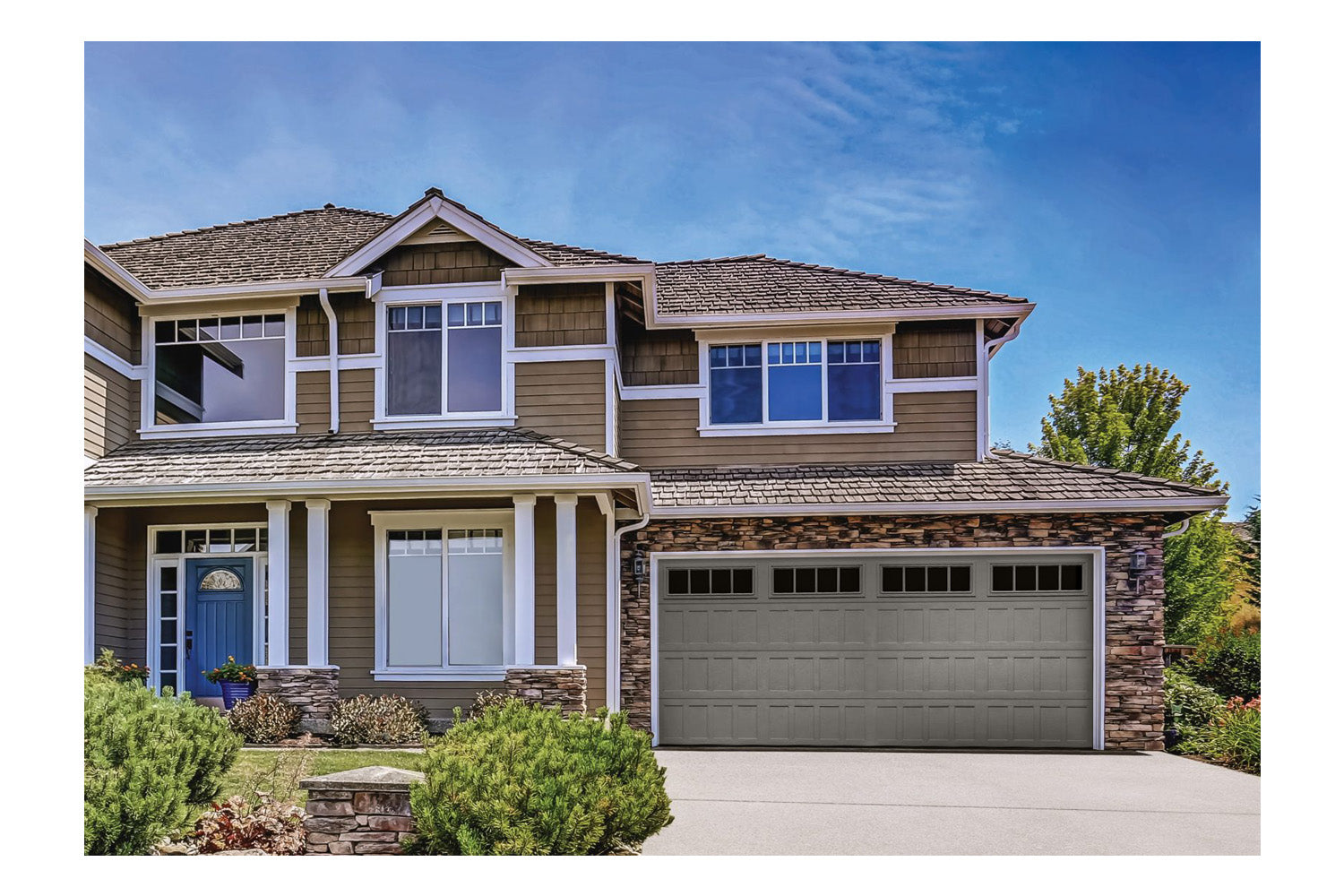 CHI Timeless Stamped Shaker Insulated Modern Garage Doors with Glass in Bronze