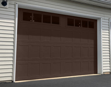 CHI Timeless Stamped Shaker Insulated Modern Garage Doors with Glass in Brown